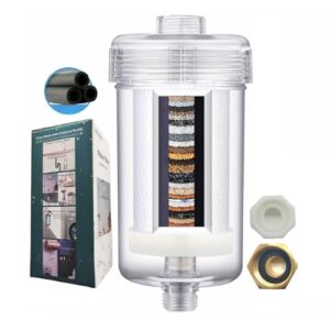 1 Micron High Flow Washing Machine Water Filter, Visible Washer Water Filter System, For Washing Machine, Heater, RV > 99.5% Removal of Chlorine Fluoride, Odor, Anti-Scaling,1/2″ NPT+3/4″ GHT