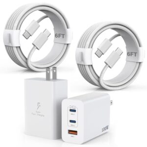100W USB C Charger, 2Pack 140W USB C to C Woven Cable 6FT Braided Cord 100W Type C MacBook Pro Charger Block 6Foot Super Fast Phone Charging 3 Port PD & AC Charge for MacBook Pro/iPhone 16/15/iPad Pro