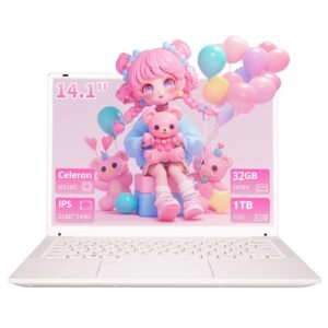 14.1” Pink Laptop, 2K FHD IPS Display, 32GB DDR4 RAM 1TB PCIe SSD, Intel Celeron N5105 Processor(Up to 2.9GHz), Fingerprint Reader, Backlit Keyboard, Type-C, Win11 Pro Student and Business Laptops