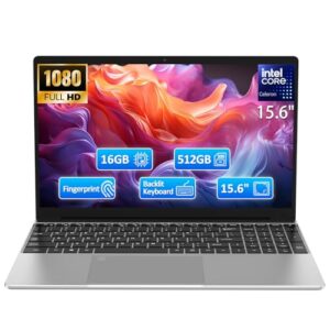 15.6″ FHD Laptop,16GB DDR4 RAM 512GB SSD,Portable Laptop Computer with Backlit Keyboard,180 ° Angle Opening,Fingerprint Reader,38WH Battery,Webcam,WiFi 5,BT 4.2,Mini HDMI,USB 3.0
