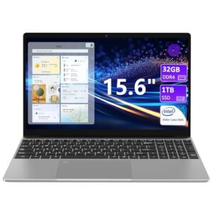 15.6 Inch Laptop Computer, 32GB RAM Gaming Laptops with 1TB NVMe SSD, N95 4-Core Processor(Up to 3.4GHz), Backlight Keyboard, Fingerprint Reader, 8000mAh Battery, Win11 Pro, Silver