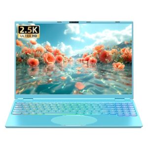 16″ Blue Laptop Computer 16G RAM 256GB SSD 2.5K FHD(2560×1600) IPS Screen/N95 CPU/Win 11 Pro/MS Office 2019 Notebook with Color Backlit KB/Face Recognition for Work Study (16G+256GB)