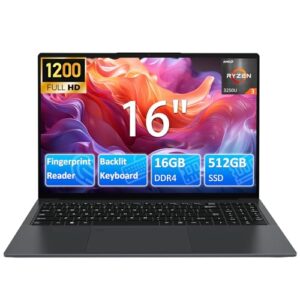 16 Inch Laptop Computer for Business Student,AMD Ryzen3 3250U(Up to 3.5GHz,Beats N95),1920×1200 FHD IPS Display,16GB RAM 512GB SSD,1MP Webcam,WiFi,HDMI,USB,Type-C,Backlit Keyboard,Fingerprint,Numpad
