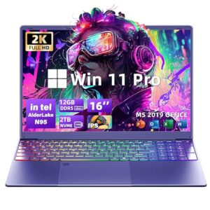 16″ Purple Laptop – 12th Gen Intel N95, 12GB LPDDR5 RAM, 2TB NVMe SSD, 2K FHD IPS Display, 7-Color Backlit Keyboard, Fingerprint, Win11 Pro/Office 2019 | Lightweight for Study Work & Play