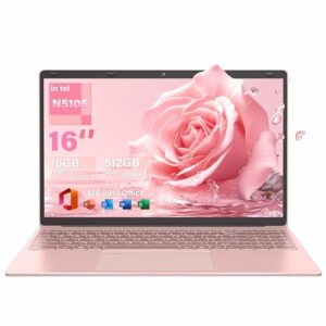 16″ Rose Gold Laptop, Celeron N5105 CPU, DDR4 16GB RAM 512G SSD, FHD IPS Display, Backlit KB，Fingerprint Unlock, USB 3.0, HDMI, WIFI/BT, Perfect for Work, Study and play! (Rose Gold, 512GB SSD)