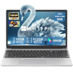 2025 15.6″ FHD IPS Business Laptop, Laptop with Alder Lake N95(Up to 3.4GHz),15.6-inch UHD IPS Display 16GB RAM 512GB NVMe SSD Win 11 Pro,5800mAh Battery,WiFi 5, Backlit KB,Fingerprint Sensor (Silver)