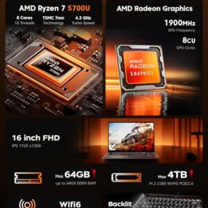 2025 AMD Laptop, 16.0inch Laptop Computer with AMD Ryzen 7 5000 Series(8C/16T, Up to 4.3GHz), 16GB RAM 512GB NVMe SSD Windows 11 Laptop, Radeon RX Vega 8 Graphics,WiFi 6, Backlit KB,53Wh Battery,Gray
