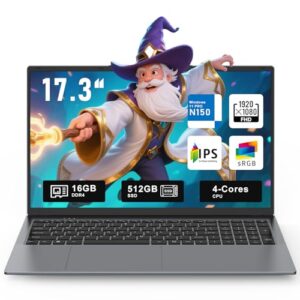 2025 Laptop with N150 (4C/4T, Up to 3.6GHz),17.3″ Inch Laptop Computer,16GB RAM 512GB SSD windows 11 laptop Full HD IPS Display WiFi 5 Backlit Keyboard 6Hrs Battery HDMI USB-C Kensington Lock Gray
