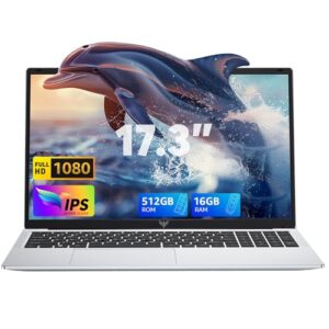 2025 Laptop,17.3-Inch FHD Display Laptop with Quad Core-12th Alder Lake N97(Up to 3.6GHz), 16GB RAM 512GB ROM Traditional Laptop Computer, 6000Mah Battery,Silver