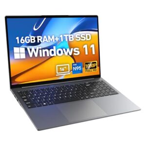 2025 Latest Laptop 16.1” FHD Display, 1TB SSD 16GB RAM, Intel Processor N95(3.4GHz), Windows 11 Pro, Backlit Keyboard, 8000mAh Battery, Fingerprint, HDMI, WiFi5, BT5, Type-C, Webcam, TF Card Slot