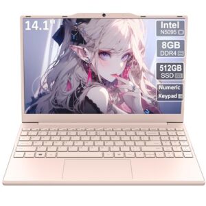 2025 New Portable Laptop,Student and Business,14″ FHD IPS Display,Quad-Core N5095 Processor,8GB DDR4 RAM,512GB PCIe SSD,Numeric Keypad,2.4/5G WiFi,38WH Battery,Webcam,Mini HDMI,USB(Pink)