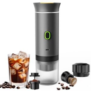 3-in-1 Expresso Portable Machine, Mini Coffee Maker for Travel, Self-Heating Car Coffee Maker with USB-C, Small Espresso Machine with Ground Coffee & Capsules (NS＆DG) for RV, Hiking, Office (grey)