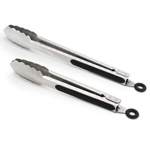 304 Stainless Steel Kitchen Cooking Tongs, 9″ and 12″ Set of 2 Sturdy Grilling Barbeque Brushed Locking Food Tongs with Ergonomic Grip, Black