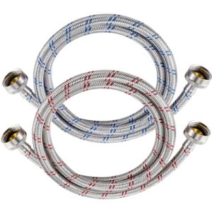 4 Ft Washing Machine Hoses, 2 Packs Premium Stainless Steel Washer Hoses Burst Proof, Hot and Cold Striped Water Supply Hoses with 3/4” Standard Interface fit for ALL Washer