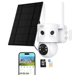 4G LTE Cellular Security Camera,2K /360° Live Stream Camera & 24/7 Recording,with 180° PIR Intrusion Detection and 7.5W Solar Panel by App Control,Inculdes 32G SD&SIM Card.