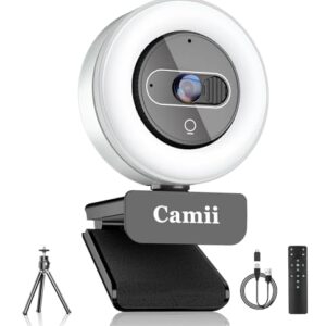 4K Webcam with Light, HD Webcam for PC with Remote Control, Built-in Privacy Cover, Adjustable Brightness, Noise Reduction Mics, for Zoom Skype Teams Laptop and Google Meet