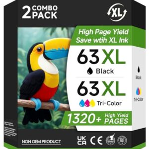 63XL Ink Cartridge Combo Pack Replacement for HP Ink 63 XL High Yield Printer Ink 63XL for OfficeJet 3830 4650 5255 5258 for ENVY 4520 3634 for DeskJet 1112 2132 3630 Printer(1 Black, 1 Color)