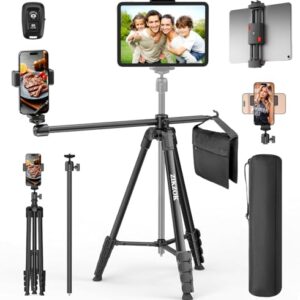 70″ Phone Tripod & Selfie Stick, Horizontal Overhead Tripod, Extendable Camera Cell Phone Tripod Stand with Wireless Remote and phone Holder for Filming Video Recording Live Stream