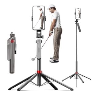 70″ Phone Tripod & Selfie Stick for Golf Swing, Extendable Cell Phone Tripod Stand with Ground Stakes, Wireless Remote and Phone Holder, Golf Training Aid -Compatible with iPhone Android Phone, Camera