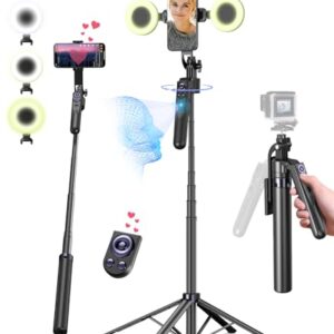71” Auto Face Tracking Tripod for iPhone with Light,360° Rotating Phone Stand with Rechargeable Remote Control for TikTok Vlog Video Recording, Phone Tripod for Android Camera/GoPro/Ring Light
