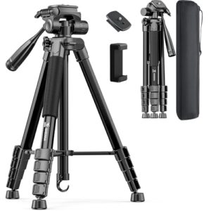 73″ Camera Tripod Stand, Aluminum Tripod with Phone Holder, Travel Bag, Compatible with GoPro/DSLR/Cell Phone/Camcorder, Max Load 8.8LB (Black)