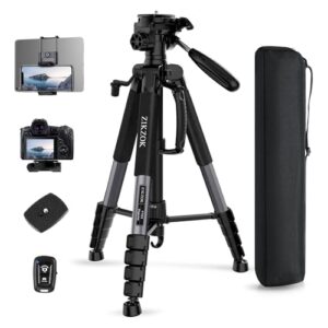 75″ Camera Tripod, Heavy Duty Aluminum Camera Stand for ipad Phone, Travel Tripod with Remote/Carry Bag/Phone Tablet Holder, Compatible with DSLR, Spotting Scopes, Max Load 15 Lb(Grey)