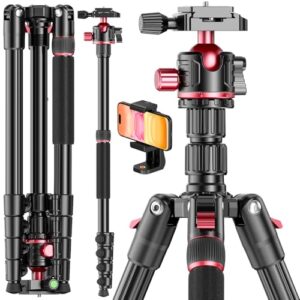 80“ DSLR-Camera-Tripod, Photography 360 Ball Head Professional Aluminum Tripod & Monopod with Carry Bag Compatible with Canon Nikon Binoculars Laser Telescope (Weight 3.35 Lbs, 15Lbs Load)
