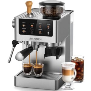 AIRMSEN Espresso Machines with Burr Grinder, 20 Bar, Milk Frother Steam Wand, Stainless Steel Coffee Maker for Home – Cappuccino Latte & ​​Cold Brew​​ Iced Coffee Maker & Americano