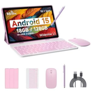 Android 15 Tablet, 10 Inch 18GB RAM+128GB ROM/ 2TB Expandable Tablet PC, Quad-core 2.0GHz Processor, 1280*800 10″ HD Touch Screen, 2.4G/5G WiFi 6 BT 5.0, 2 in 1 Tablets with Keyboard Case Mouse Stylus