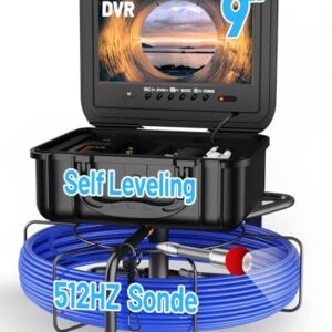 Anysun Sewer Camera with 512hz sonde, Self Leveling Sewer Inspection Camera 150ft with 7MM Cable and Meter Marker, 9” Monitor and DVR, 12 Adjustable Lights(32GB Card)
