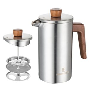 BERTILLE french press coffee maker, 34OZ 304 food stainless steel French press coffee maker with solid wood handle, double-layer insulation and 3-layer filtration system (silver)
