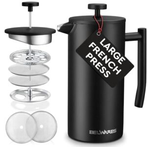 Belwares French Press Coffee Maker 50 OZ – Large Insulated Stainless Steel 304 Coffee Press with Double Wall & 4-Level Filtration System (Black – 1.5L)