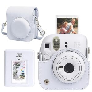 CAIYOULE Camera Case for Fujifilm Instax Mini 12 Instant Film Camera, Retro Leather Protective Camera Crossbody Bag for Fuji Mini 12 with Photo Album, Adjustable Shoulder Strap, Clay White-No Camera