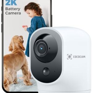 COCOCAM 2K Indoor Pan/Tilt Security Camera with 5200mAh Battery, WiFi Camera,Wireless for Baby Monitor/Pet/Home Security, AI Recognition, PIR Human Detection, 2.4G WiFi