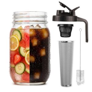 Cold Brew Coffee Maker 64OZ Marson Jars Wide Mouth Glass Picther Spout Lid with Stainless Steel Filter,Leakproof Maker for Iced Tea,Espresso,Lemonade-Black