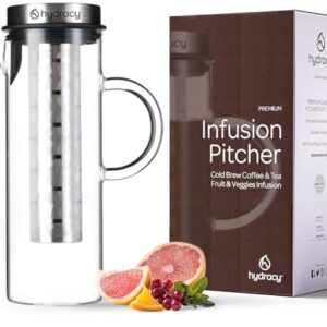 Cold Brew Coffee Maker – Large Glass Infusion Pitcher 1.6 Quarts 52oz – Iced Coffee & Iced Tea Pitcher with Stainless Steel Lid & Fruit Infusion Tube – Perfect for Home or Office
