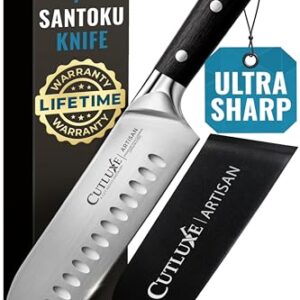 Cutluxe Santoku Knife – 7″ Chopping Knife, Vegetable Knife – Forged High Carbon German Steel – Sheath Included – Full Tang & Razor Sharp – Ergonomic Handle Design – Artisan Series