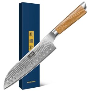 Damascus Santoku Knife 7 Inch, Professional Japanese Damascus Super Steel Kitchen Knife, Sharp Cooking Knife with Durable Ergonomic Olive Wood Handle