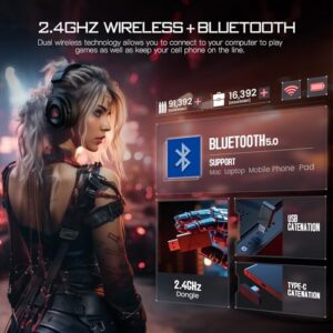 EKSA Wireless Gaming Headset for PC, USB Headphones with Retractable Microhpone, Surround‑Tuned, 20ms Ultra-Low Latency, 50Hr Battery, 2.4G Bluetooth Wired Computer Headset for PS4 PS5 Laptop