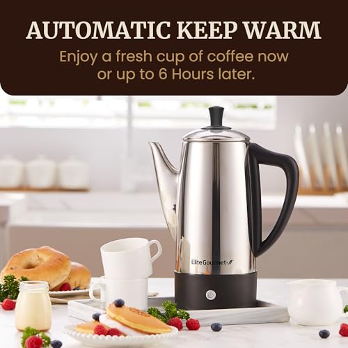 Elite Gourmet 12-Cup Electric Coffee Percolator, Dishwasher Safe Stainless-Steel Filter, Lid & Tube, Keep Warm, 360° Swivel Base Cord-less Serving, Stainless-Steel - Image 3
