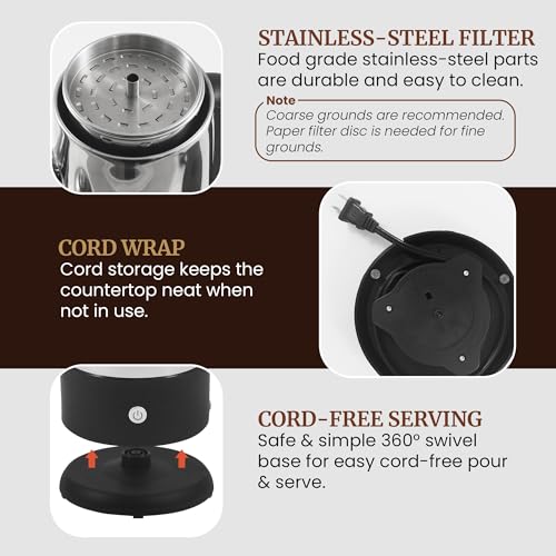 Elite Gourmet 12-Cup Electric Coffee Percolator, Dishwasher Safe Stainless-Steel Filter, Lid & Tube, Keep Warm, 360° Swivel Base Cord-less Serving, Stainless-Steel - Image 5