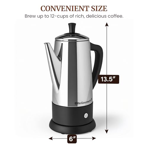 Elite Gourmet 12-Cup Electric Coffee Percolator, Dishwasher Safe Stainless-Steel Filter, Lid & Tube, Keep Warm, 360° Swivel Base Cord-less Serving, Stainless-Steel - Image 6
