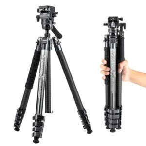 Fotopro Carbon Fiber Tripod 65 Inch Travel Tripod for Camera with Fluid Head Ball Head Extendable Handle 2.95lb Lightweight Camera Tripods for DSLR Video Shooting Photography X-Airfly Video Grey