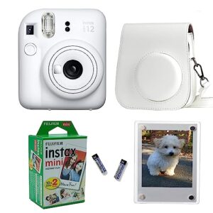 Fujifilm Instax Mini 12 Instant Camera + Pro Design Protective Case & Magnetic Lucite Frames, 20 Sheets (Clay White)
