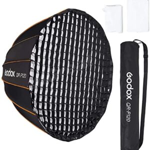 GODOX QR-P120 47.1 Inch/120CM Parabolic Softbox Bowens Mount, Quick Release Parabolic Softbox, with Front & Inner Diffuser SL-60W AD600BM VL150 UL150 SL150II Amaran 100X 200D 200X w/Grid
