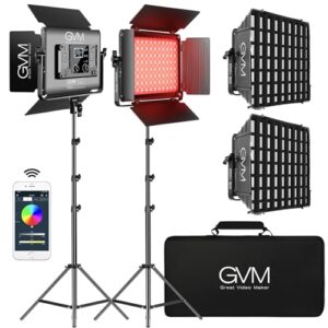 GVM 1000D RGB Led Video Light with 2 Softboxes, Photography Lighting Kit with Bluetooth Control, Full Color Video Lighting Kit with 18 Applicable Scenes, 2 Packs Led Light Panel for Video Shooting