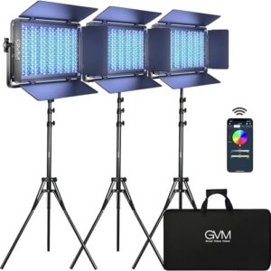 GVM 1500D RGB LED Video Light, 75W Video Lighting Kit with Bluetooth Control, 3 Packs Led Panel Light for Photography, YouTube Studio, Video Shooting, Broadcasting, Conference, 1128 Led Beads