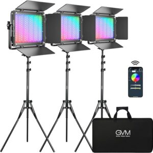GVM 65W RGB Video Light with Bluetooth Control, 1300D LED Video Lighting Kit, 25000lux/0.5m, 360° Full Color Photography Lighting Kit, 3 Packs Led Panel Light for YouTube, Web Conference, Streaming