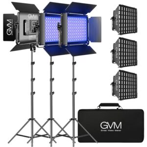 GVM RGB LED Video Light, Photography Lighting with APP Control, 1000D Video Lighting Kit for YouTube Studio, 3 Packs Led Panel Light, 3200K-5600K, 8 Kinds of The Scene Lights, CRI 97