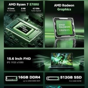 2025 Laptop Computers with AMD Ryzen7, 8-core Processor (Up to 4.3GHZ) with AMD Radeon Graphics,16GB DDR4 RAM 512GB SSD,WiFi 6, Windows 11,15.6 inch IPS Display,4800mAh Battery,Type-C,Micro SD